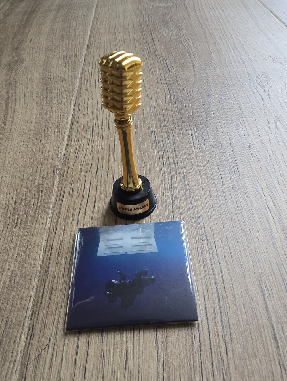 Mini Brands Rare Vinyl- Billie Eilish Birds of a Feather and gold microphone.